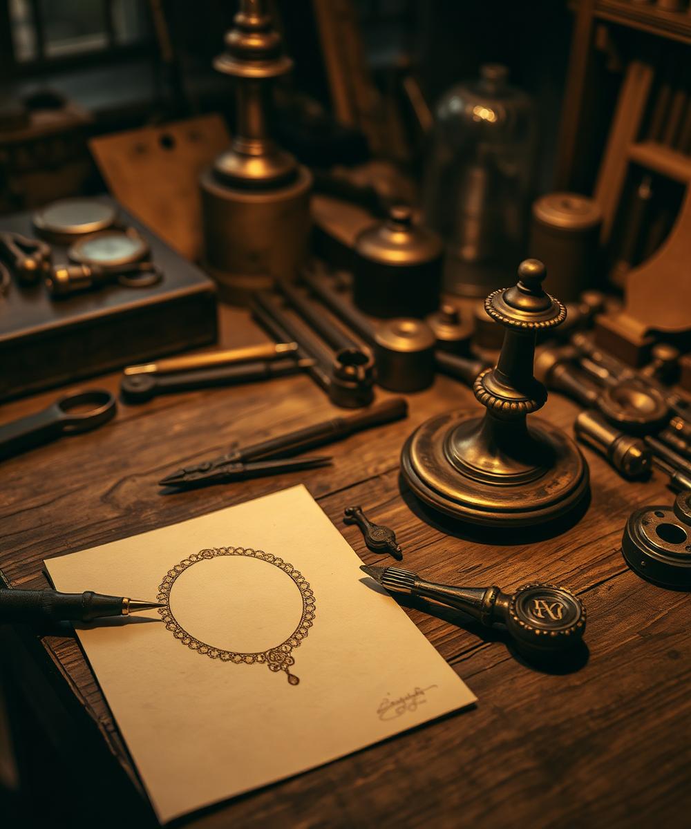 Antique jeweler tools and a necklace sketch on an oak desk